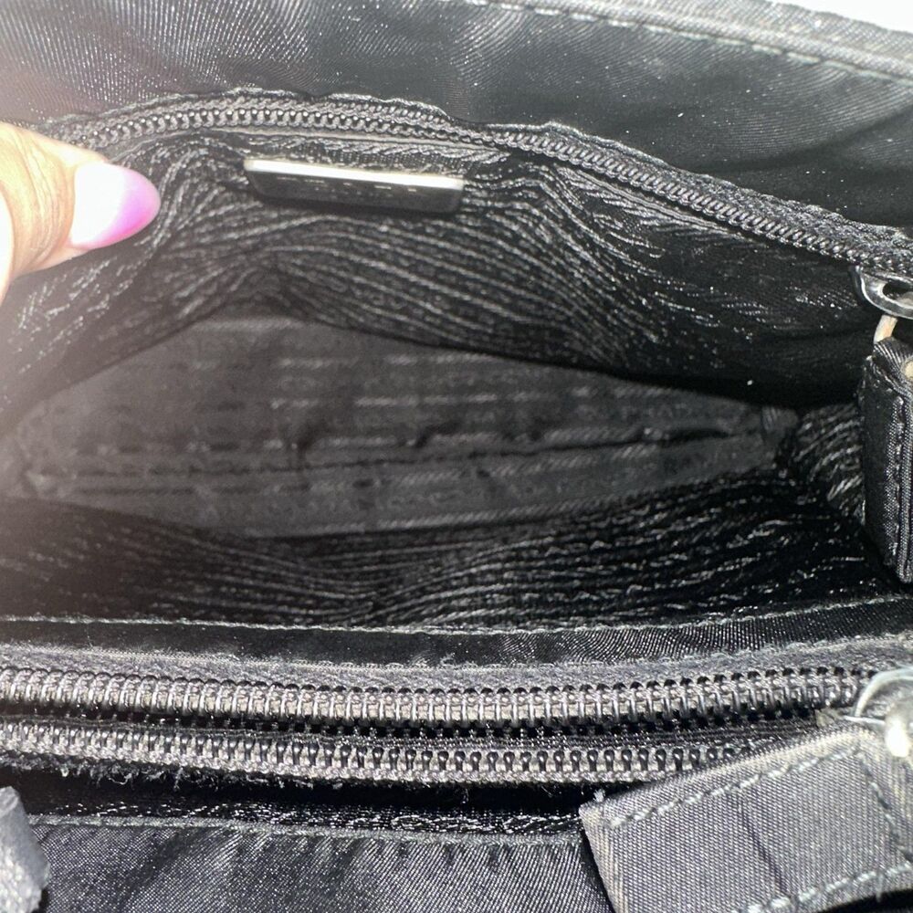 Prada Tessuto Nylon Shoulder Bag Medium Black Leather Strap Italy Logo Hardware - Picture 3 of 16